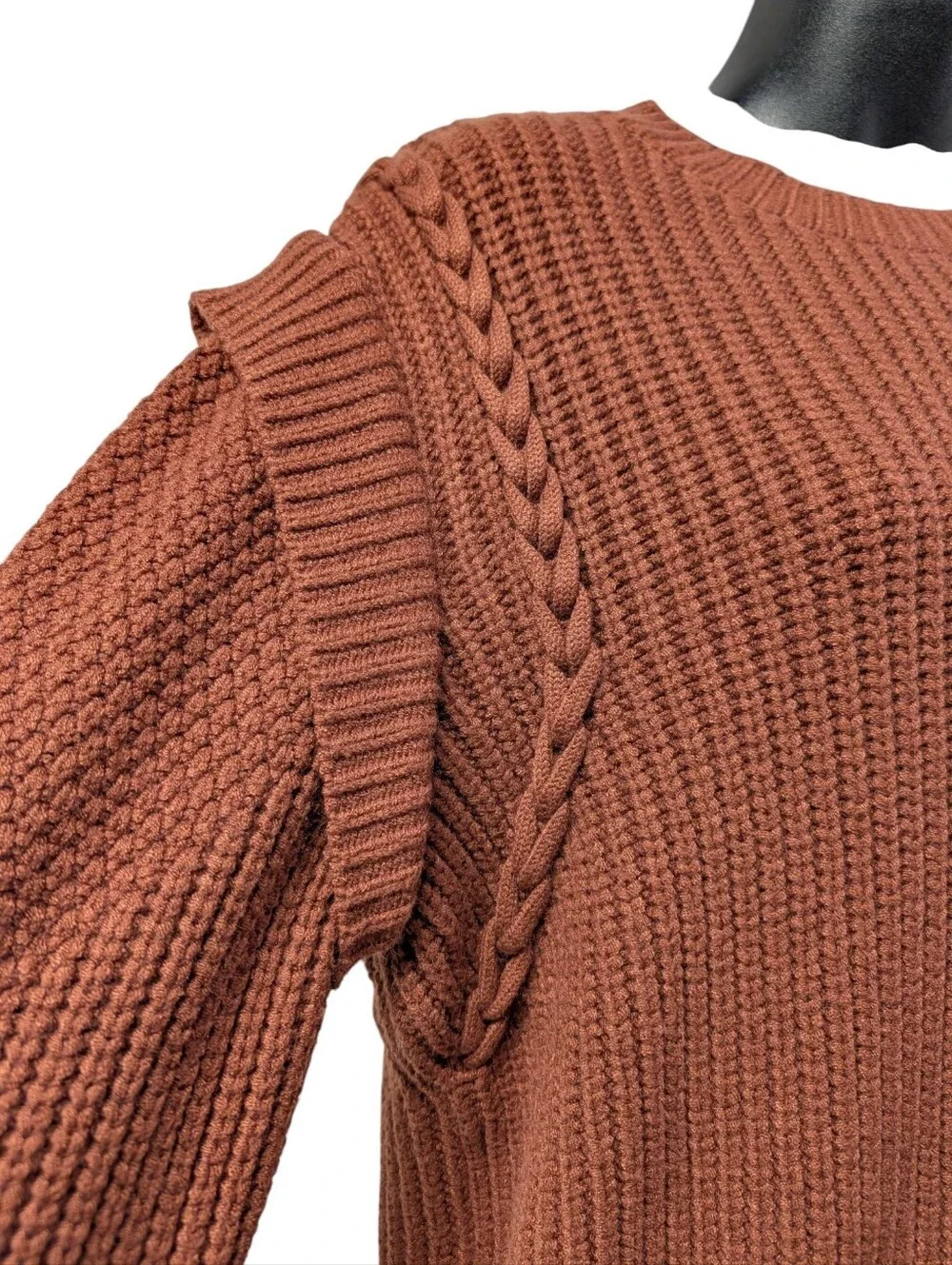 Willow + Root Womens Rust Cable Detail Waffle Knit Flatter Shoulder Sweater  L